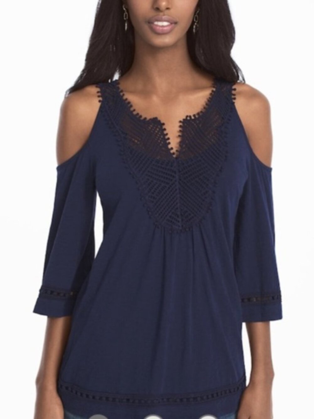 WHBM Cold-Shoulder Embroidered Tunic‎ Top Sz L Navy Blue #54J